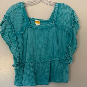 CDC Turquoise Ruffle-Sleeve Peplum Gauze Top